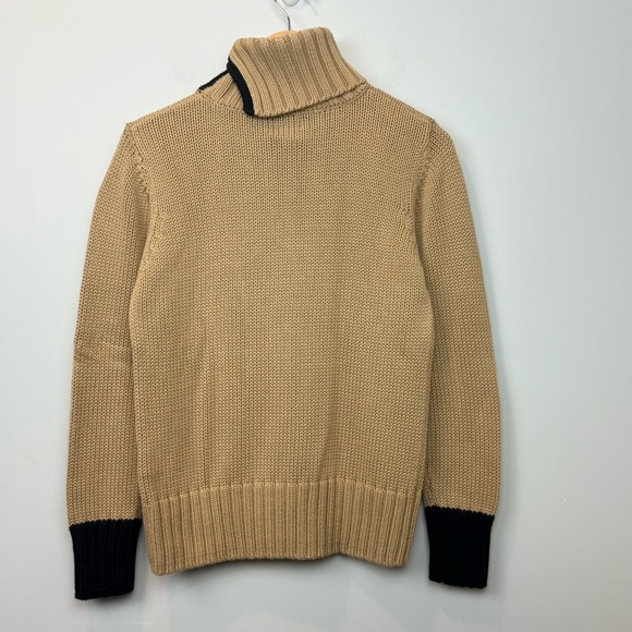 Cleo Cable Knit Split Turtleneck Sweater Camel Navy Trim Cozy Knit - Picture 3 of 11